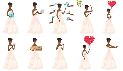 Sticker - Young african-american bride tossing a bouquet of flowers. Bride in a long white throwing a bouquet of flowers at the wedding. Set of vector flat design illustrations isolated on white background.