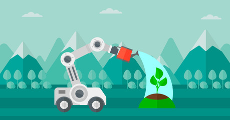 Poster - Robot with watering can in arm watering tree outdoor