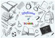 Welcome back to school vector collection. hand drawn elements. School supplies. Books, notebook, copybook, backpack, lamp, alarm clock, football, snickers, chalkboard, pencil, marker, eraser etc.