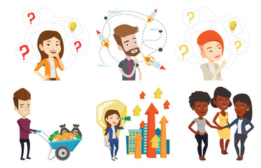 Sticker - Caucasian woman having business idea. Businesswoman standing with question marks and light bulb above head. Business idea concept. Set of vector flat design illustrations isolated on white background.