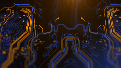 orange, yellow, blue, background with digital integrated network technology. printed circuit board. 