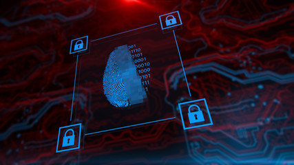 Cybersecurity and information technology. Blue, red background with digital integrated network technology. Printed circuit board. Technology background. 3D illustration.