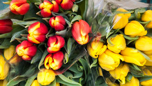 Yellow And Red Tulips Bouquets For Sale. Florist Shop.