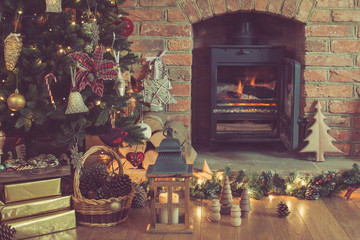 Wall Mural - Christmas setting, decorated fireplace, fur tree