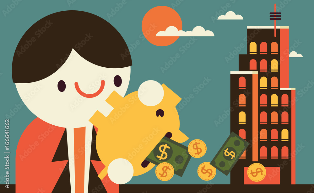 Man holding a piggy bank and placing the coins and bills that fall out ...