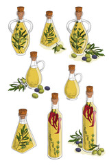 Wall Mural - Hand drawn sketch - collection of olive oil bottles with olive branches and olive berries. Great design elements for olive oil products.