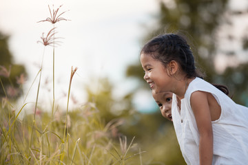 Two happy asian child girl having fun and playing with nature in the meadow in the summer time