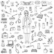 Hand drawn doodle Doctor icons set Vector illustration Sketch Nurses and medical staff. Medical hospital concept in cartoon design people character. Healthcare symbols collection: laboratory equipment