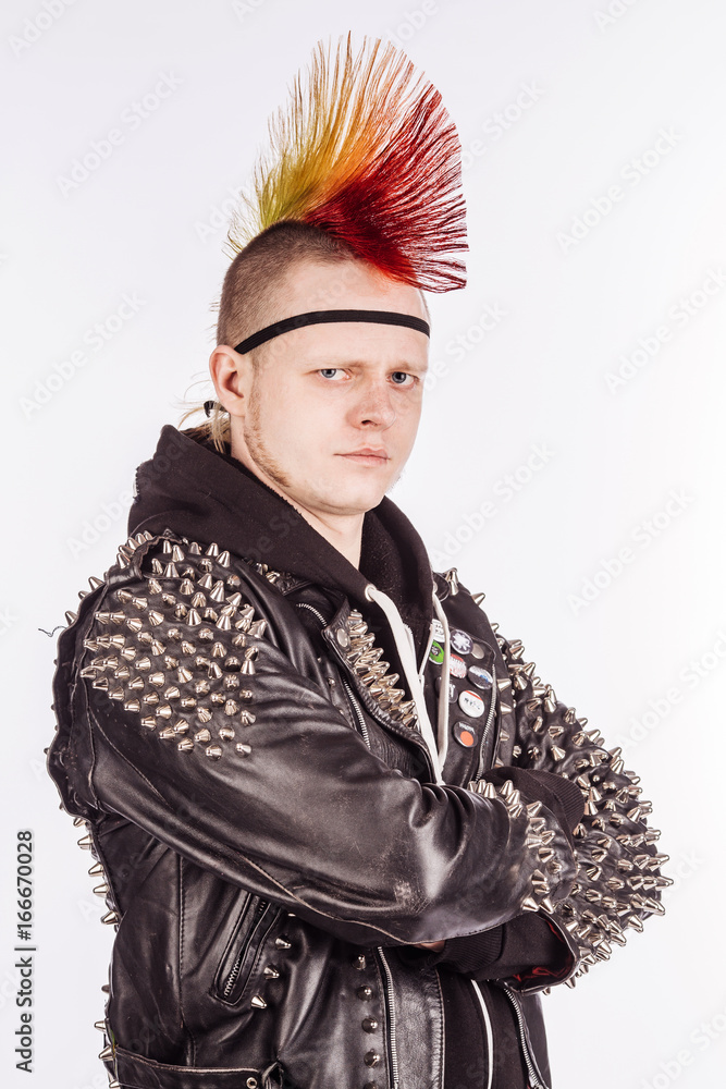 Stock-Foto „Portrait of punk rocker with Mohawk hairstyle on a white ...