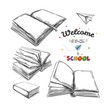 Welcome back to school concept, Vector hand drawn illustration. Chalkboard lettering. Typography. Sketch style. Books
