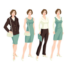 Wall Mural - Vector illustration of corporate dress code. Variations look with blue suit, beige dress and blouse, Young women in formal clothes