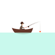 Fisherman With Boat. Vector Illustration. Blue River.
