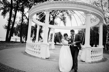 Fabulous young wedding couple posing in the park on the sunny day. Black and white photo.