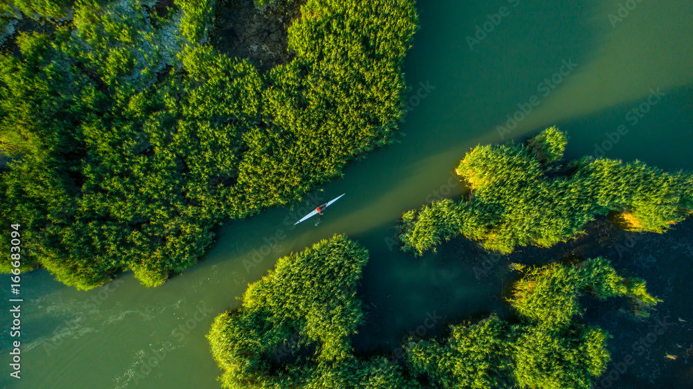 Aerial view Reeds island in the lake on Hungary, Sukoro, Velence. - obrazy, fototapety, plakaty 
