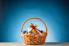Gift Basket On Blue Background