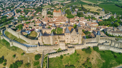 Wall Mural - Aerial top view of Carcassonne medieval city and fortress castle from above, Sourthern France
