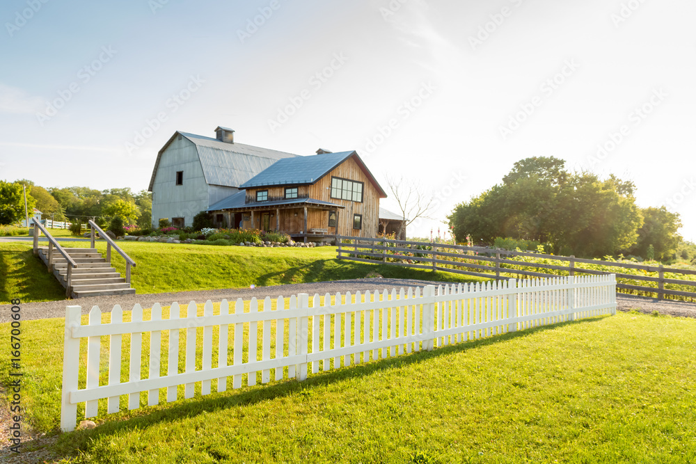 White picket fence and farmhouse - obrazy, fototapety, plakaty 