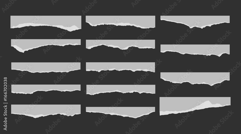 A set of 14 torn pieces of paper. Detail traced edges with villi paper. Vector illustration. - obrazy, fototapety, plakaty 