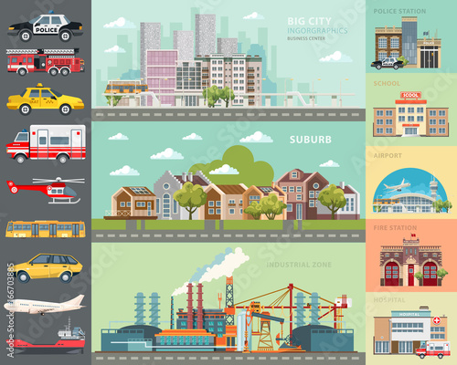Cuadros en Lienzo Big city concept. Infrastructure vector set