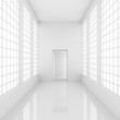 Futuristic empty white corridor with bright lights from windows and door. 3D Rendering.