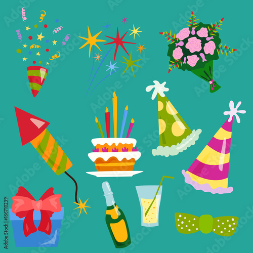Party icons celebration happy birthday surprise decoration cocktail event ann...