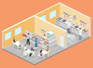 Isometric flat 3D interior of cafe, canteen and restaurant kitchen.