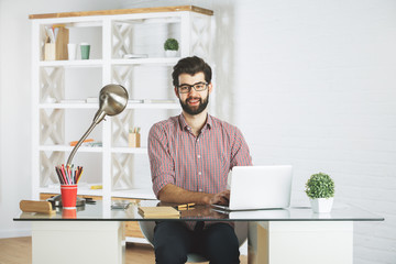 Wall Mural - Smiling male using laptop