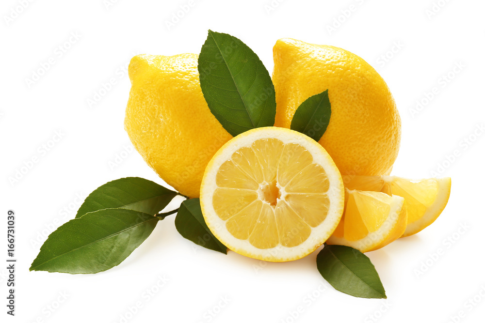 Delicious citrus fruit and green leaves on white background