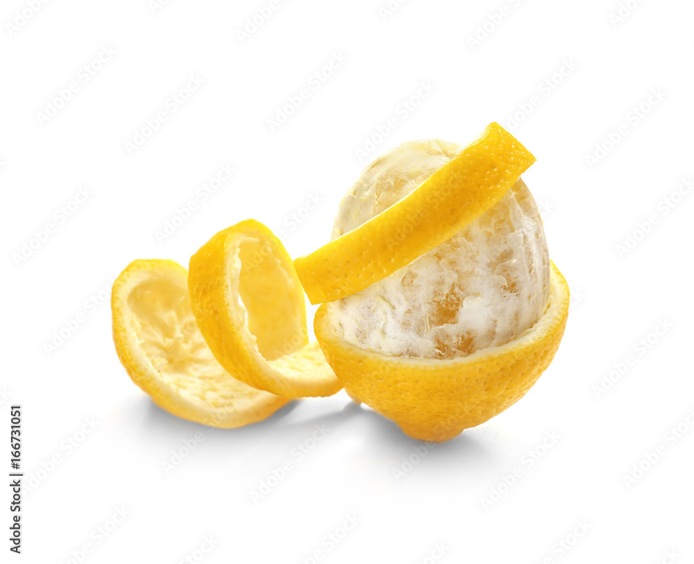 Delicious peeled citrus fruit on white background