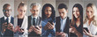 Diverse group of businesspeople reading text messages on cellpho