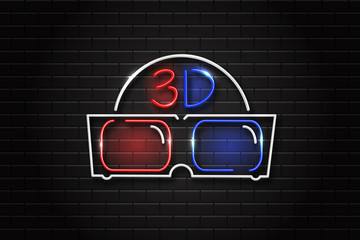 Wall Mural - Vector realistic isolated glowing neon retro sign of 3D glasses for decoration and covering. Concept of cinema.