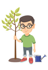 Sticker - Caucasian smiling boy in glasses planting a tree. Eco-friendly boy standing near newly planted tree and watering can. Vector sketch cartoon illustration isolated on white background.