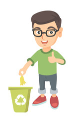 Sticker - Caucasian boy throwing banana peel in recycling bin. Boy putting banana peel in trash bin with recycling sign and giving thumb up. Vector sketch cartoon illustration isolated on white background.