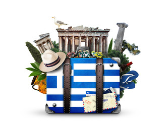 Wall Mural - Greece, vintage suitcase with Greece landmarks