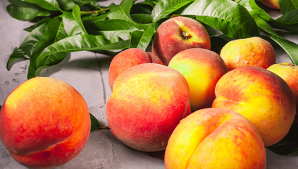 Wall Mural - Fresh peaches, Peach fruit background, sweet peaches, group of peaches,sliced peaches, peach slices