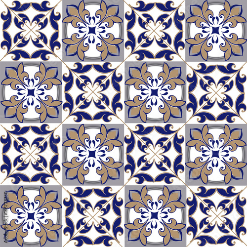 Naklejka na kafelki Seamless patchwork pattern from Moroccan ,Portuguese tiles in blue and brown colors. Decorative ornament can be used for wallpaper, backdrop, fabric, textile, wrapping paper