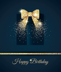 Wall Mural - Happy birthday elegant card with gift and gold bow.Birthday gold greeting card. Vector illustration