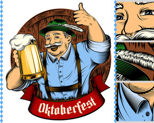 Wall Mural - Man holding glass of beer in traditional german bavarian clothes Trachtenhut, Lederhosen on beer festival Oktoberfest. The thumbs-up gesture. Vector ink hand drawing vintage character on background.