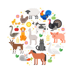 Wall Mural - round composition of farm animals icons.