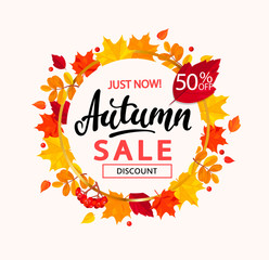 Wall Mural - Autumn sale banner in frame from autumn leaves.