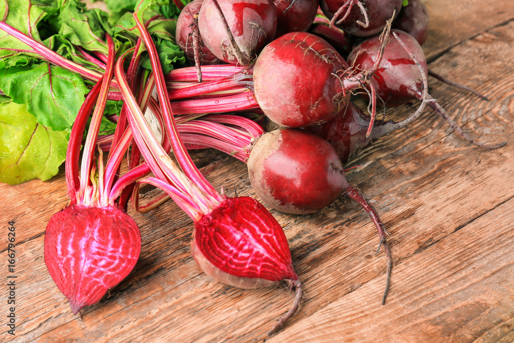 Bunch of young beets on table