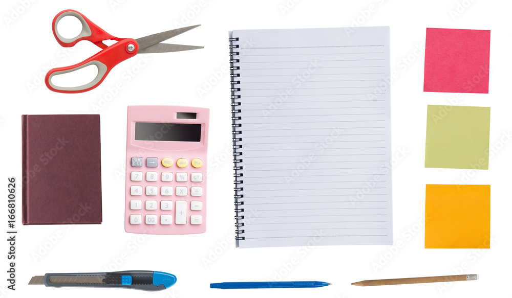Top view of Office accessories ,scissors ,calculator ,multiculor sticky ...