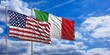 Italy and America waving flags on blue sky. 3d illustration