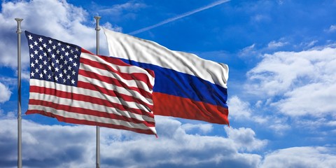 Wall Mural - Russia and America waving flags on blue sky. 3d illustration