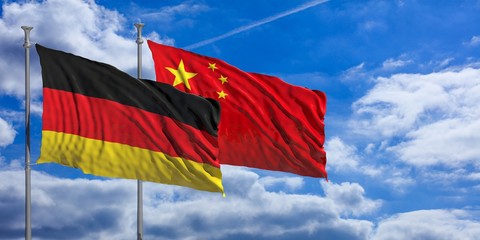 Sticker - China and  Germany waving flags on blue sky. 3d illustration