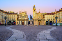 Piazza San Carlo And Twin Churches In The City Center Of Turin, Italy