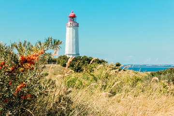 Old lighthouse Dornbusch on sunny summer day. Hiddensee, Baltic Sea.