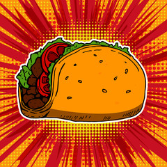 Wall Mural - Taco illustration on pop art style background. Vector illustration