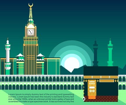 Mecca or Makkah, flat vector design illustration with sunrise or sunset, banner or poster