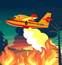 Wildfire Firefighter Plane Or Fire Aircraft Jet Extinguish Fire, Poster Or Banner Vector Illustration